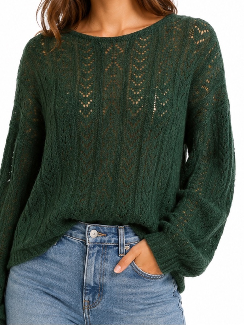 Bishop + Young Green Open Knit Tie Back Sweater Size Large Boho Lightweight